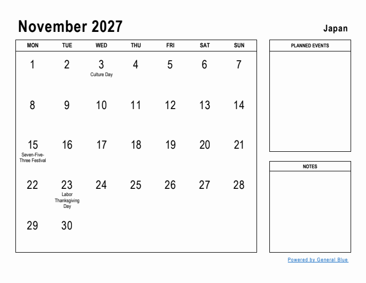 November 2027 Printable Monthly Calendar with Japan Holidays