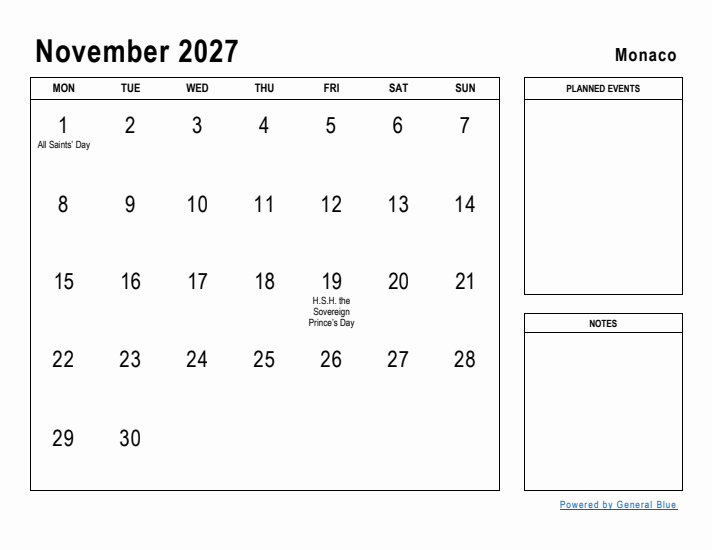 November 2027 Printable Monthly Calendar with Monaco Holidays