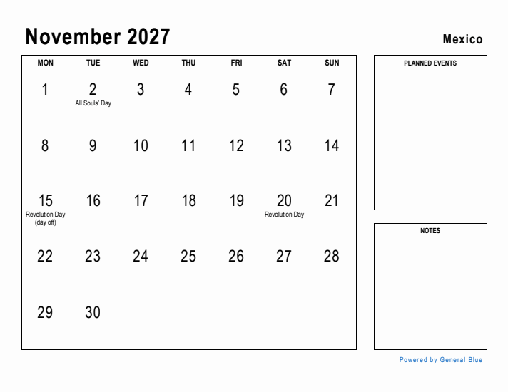 November 2027 Printable Monthly Calendar with Mexico Holidays