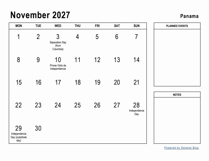 November 2027 Printable Monthly Calendar with Panama Holidays