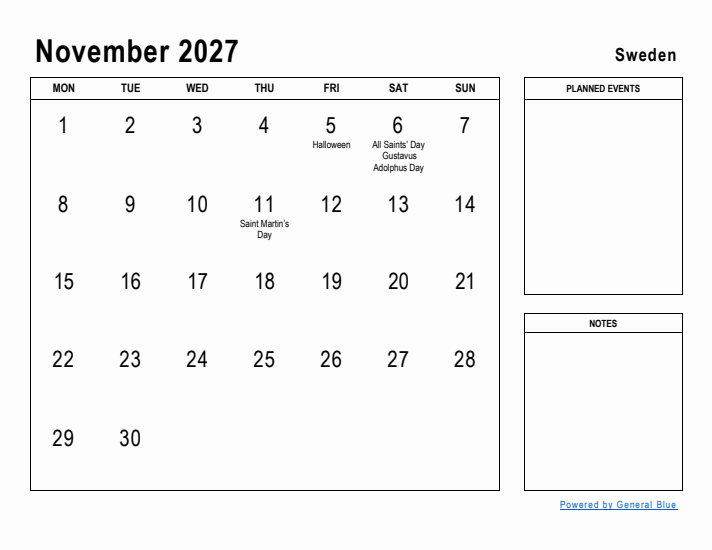 November 2027 Printable Monthly Calendar with Sweden Holidays