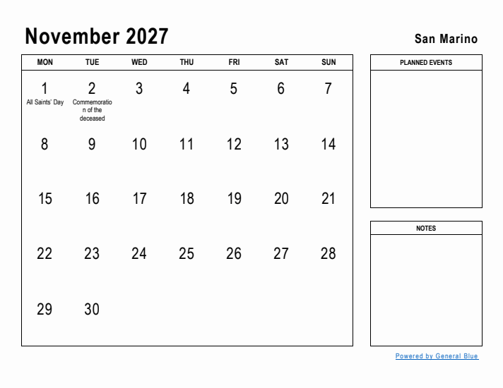 November 2027 Printable Monthly Calendar with San Marino Holidays