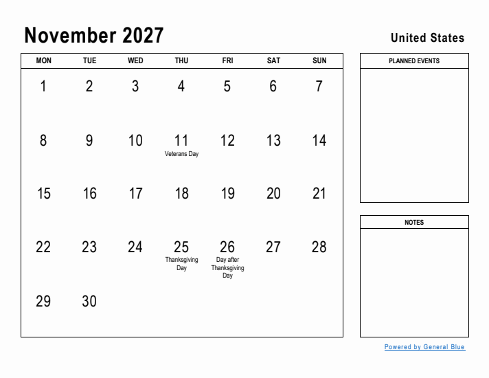 November 2027 Printable Monthly Calendar with United States Holidays