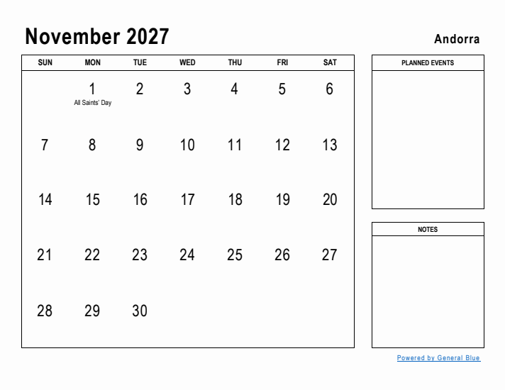 November 2027 Printable Monthly Calendar with Andorra Holidays