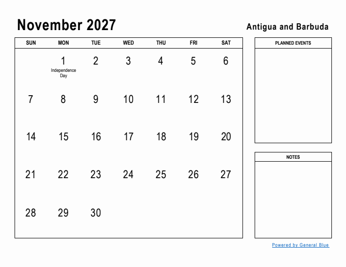 November 2027 Printable Monthly Calendar with Antigua and Barbuda Holidays