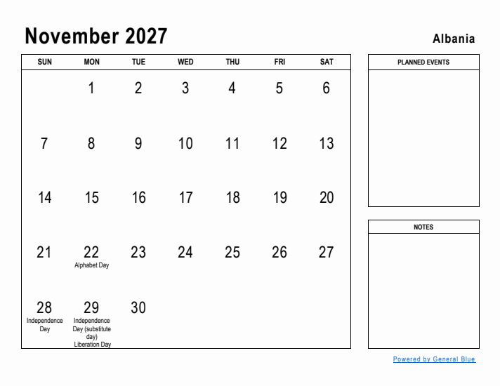 November 2027 Printable Monthly Calendar with Albania Holidays