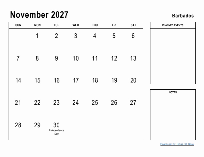 November 2027 Printable Monthly Calendar with Barbados Holidays