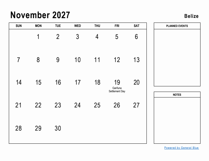 November 2027 Printable Monthly Calendar with Belize Holidays