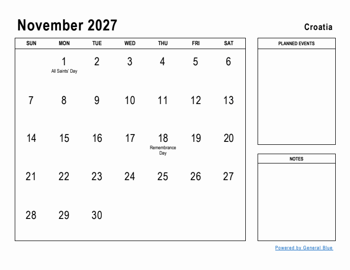 November 2027 Printable Monthly Calendar with Croatia Holidays