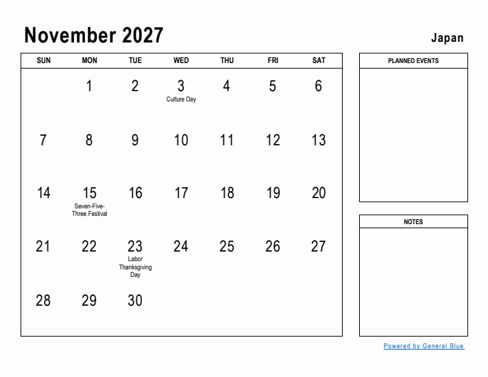 November 2027 Printable Monthly Calendar with Japan Holidays