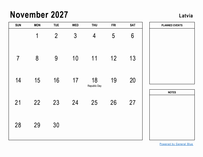 November 2027 Printable Monthly Calendar with Latvia Holidays