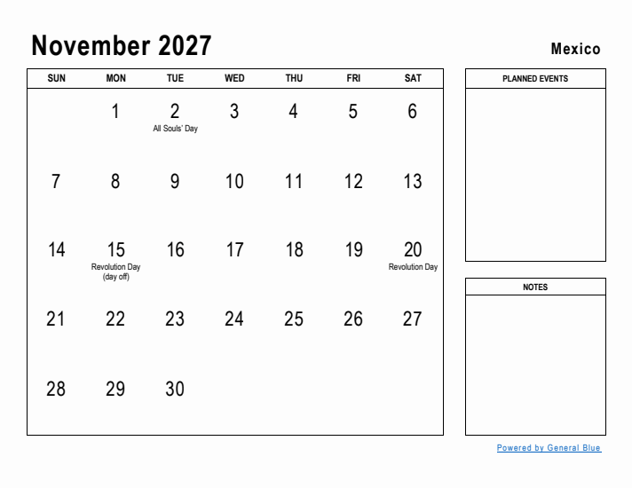 November 2027 Printable Monthly Calendar with Mexico Holidays