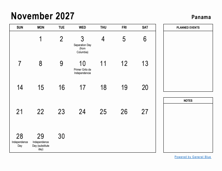 November 2027 Printable Monthly Calendar with Panama Holidays