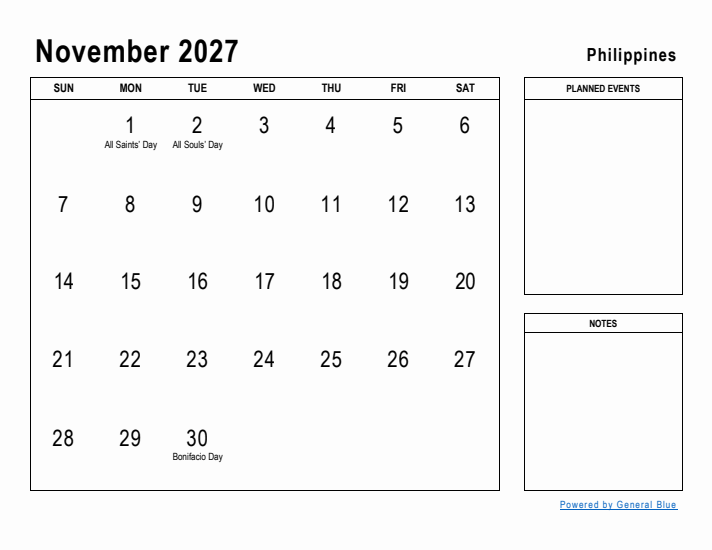 November 2027 Printable Monthly Calendar with Philippines Holidays