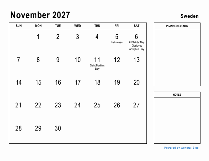 November 2027 Printable Monthly Calendar with Sweden Holidays