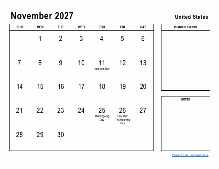 November 2027 Printable Monthly Calendar with United States Holidays