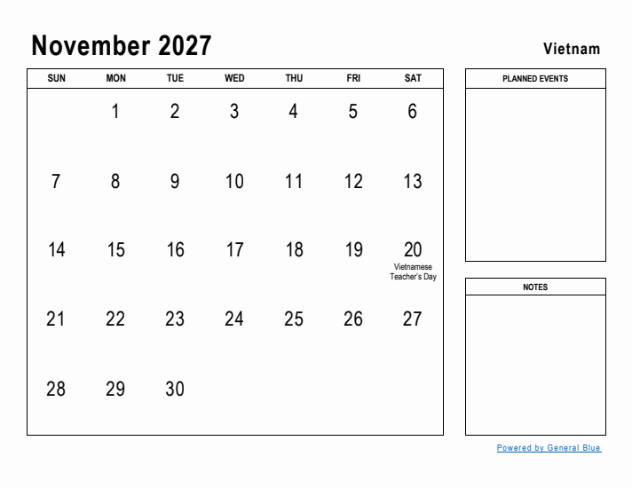 November 2027 Printable Monthly Calendar with Vietnam Holidays