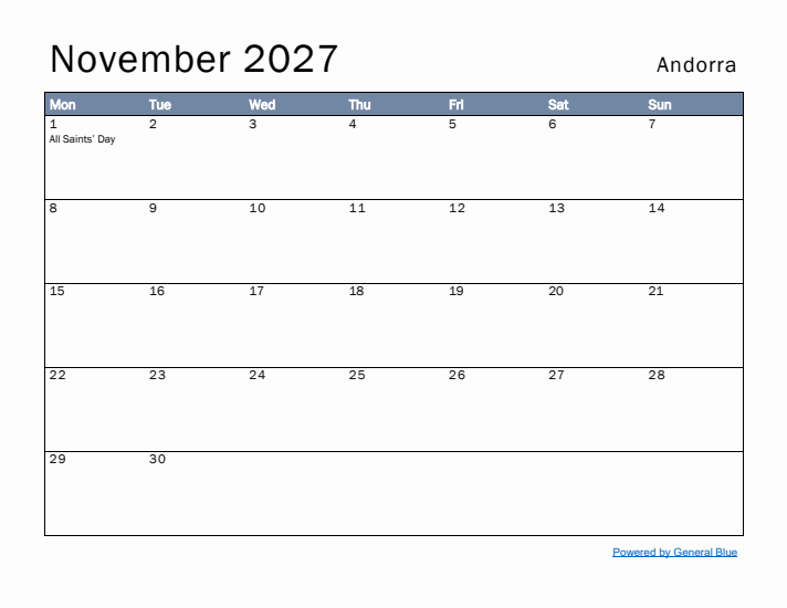 November 2027 Simple Monthly Calendar for Andorra