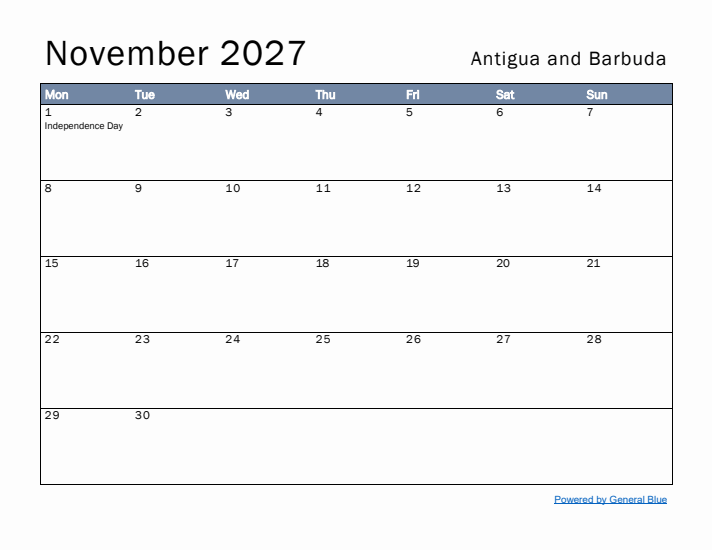 November 2027 Simple Monthly Calendar for Antigua and Barbuda