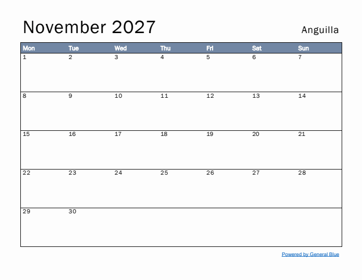 November 2027 Simple Monthly Calendar for Anguilla