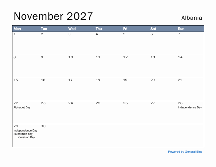 November 2027 Simple Monthly Calendar for Albania