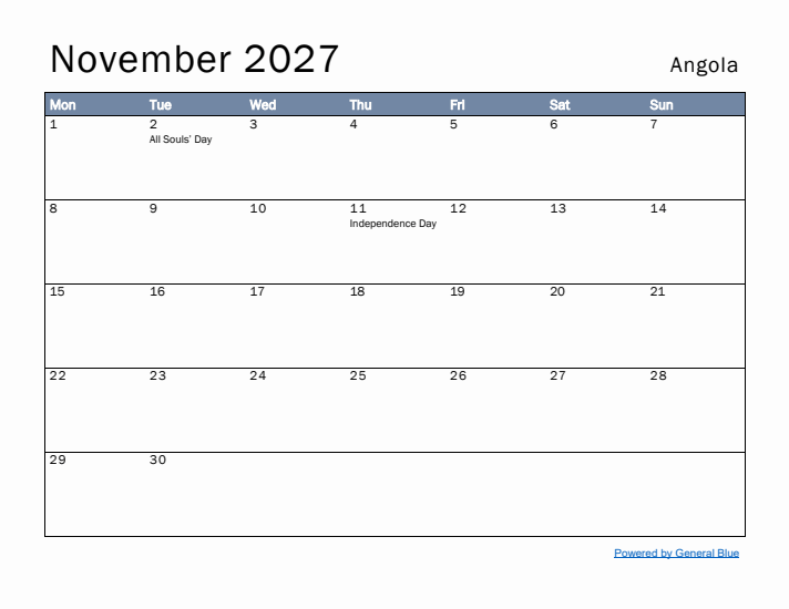 November 2027 Simple Monthly Calendar for Angola