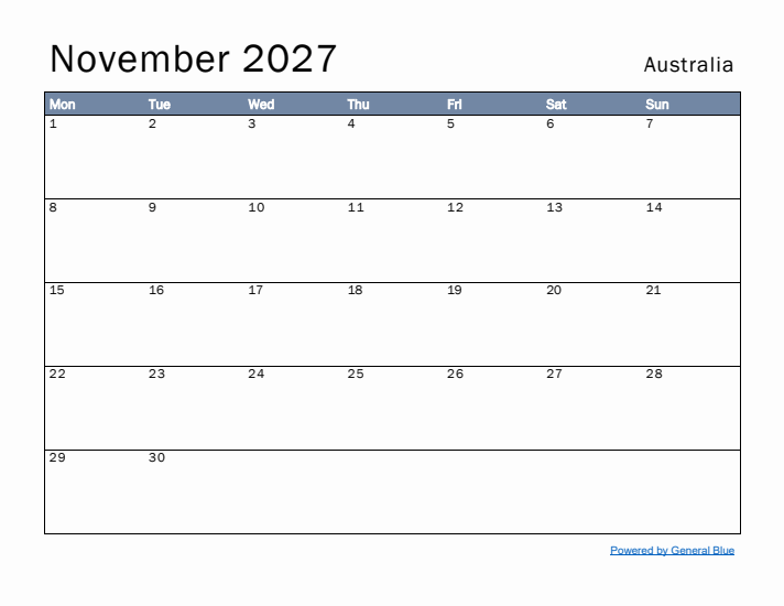 November 2027 Simple Monthly Calendar for Australia