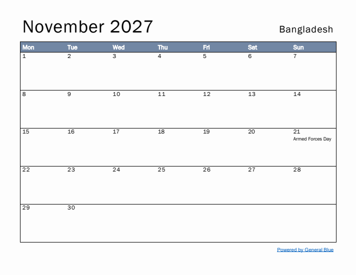 November 2027 Simple Monthly Calendar for Bangladesh