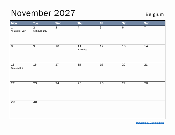 November 2027 Simple Monthly Calendar for Belgium