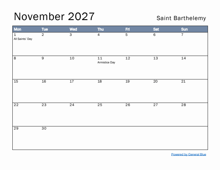 November 2027 Simple Monthly Calendar for Saint Barthelemy