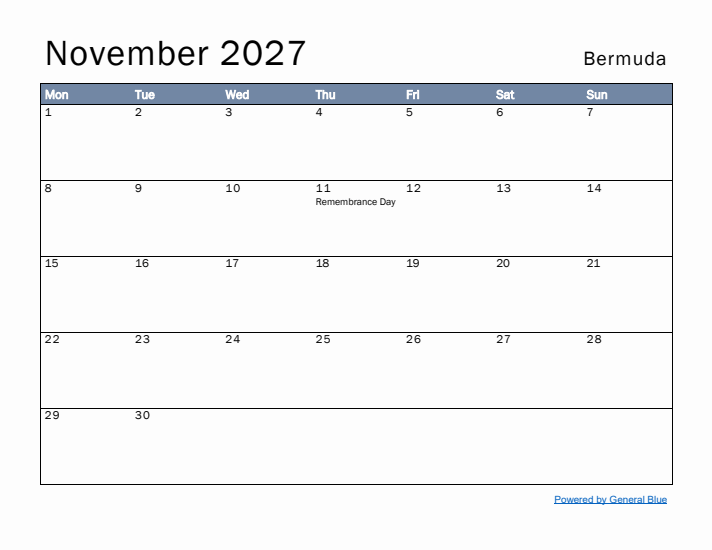 November 2027 Simple Monthly Calendar for Bermuda