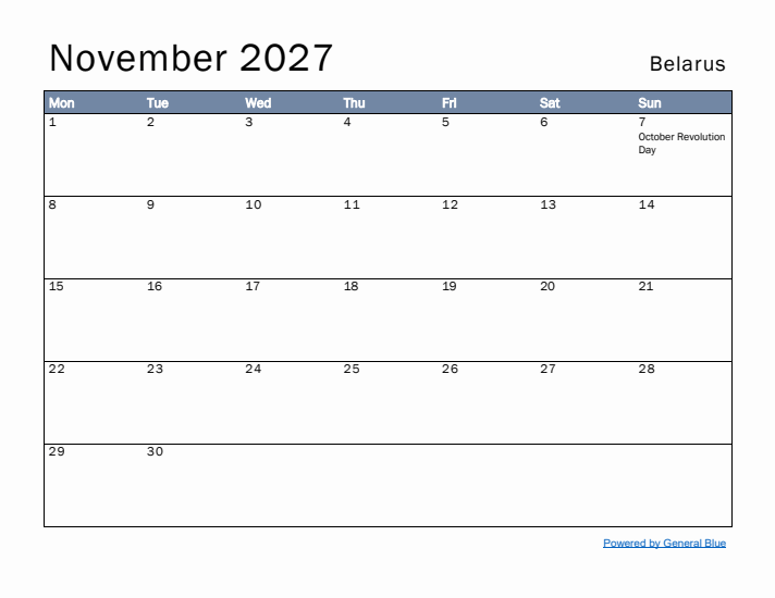 November 2027 Simple Monthly Calendar for Belarus