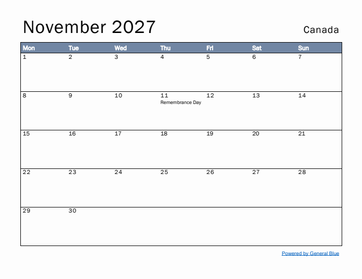 November 2027 Simple Monthly Calendar for Canada