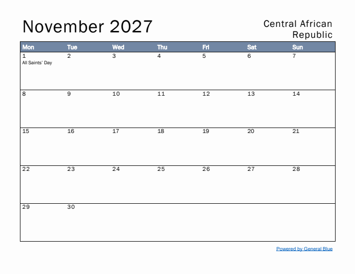 November 2027 Simple Monthly Calendar for Central African Republic