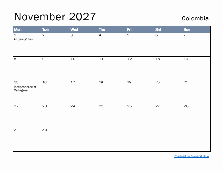 November 2027 Simple Monthly Calendar for Colombia