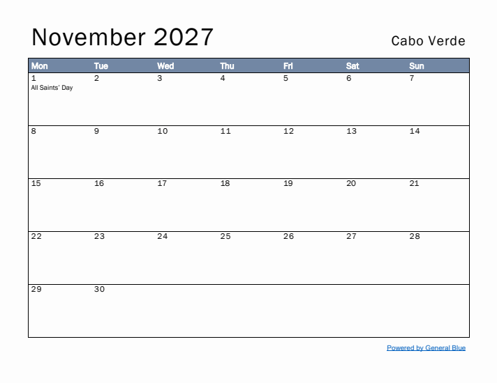 November 2027 Simple Monthly Calendar for Cabo Verde