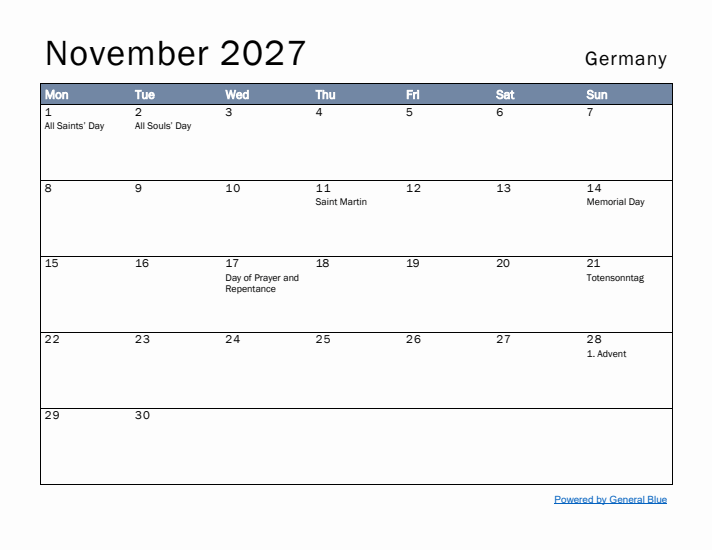 November 2027 Simple Monthly Calendar for Germany