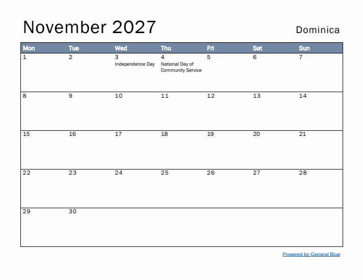 November 2027 Simple Monthly Calendar for Dominica