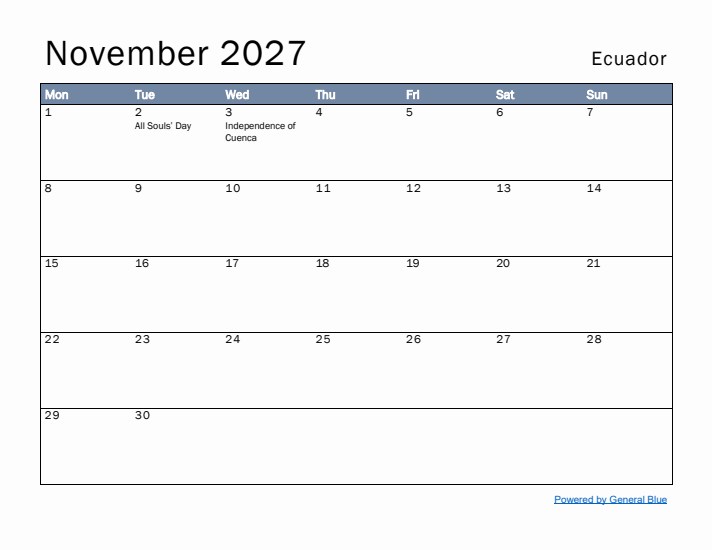 November 2027 Simple Monthly Calendar for Ecuador