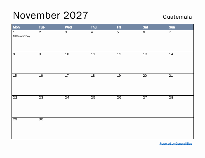 November 2027 Simple Monthly Calendar for Guatemala