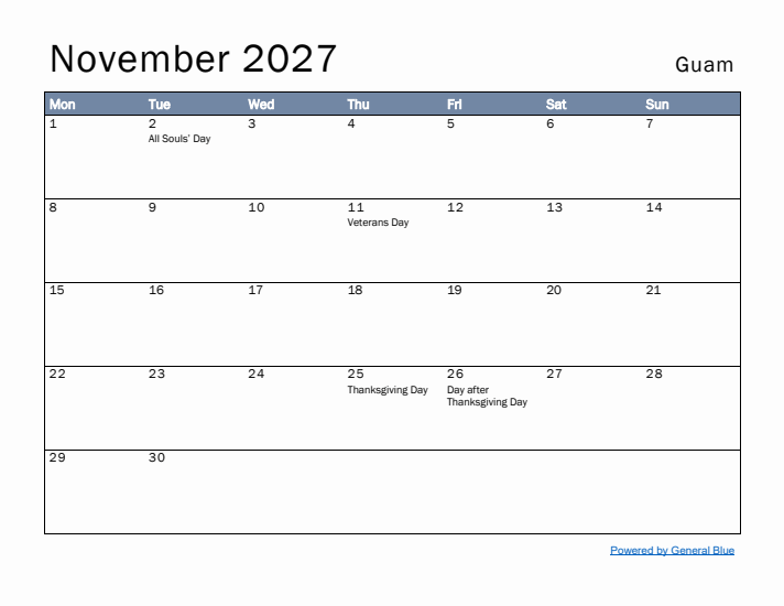 November 2027 Simple Monthly Calendar for Guam