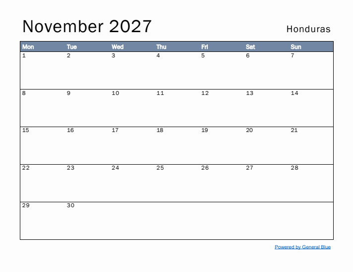 November 2027 Simple Monthly Calendar for Honduras