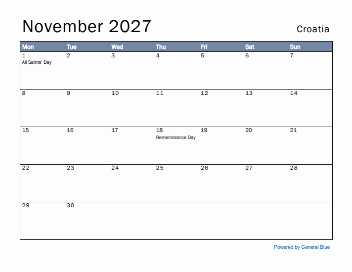 November 2027 Simple Monthly Calendar for Croatia