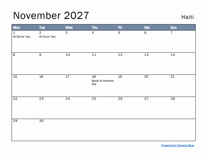 November 2027 Simple Monthly Calendar for Haiti