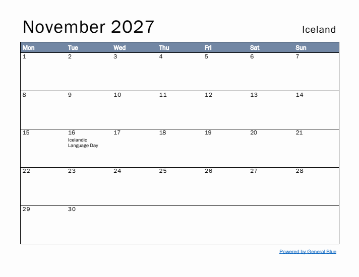 November 2027 Simple Monthly Calendar for Iceland