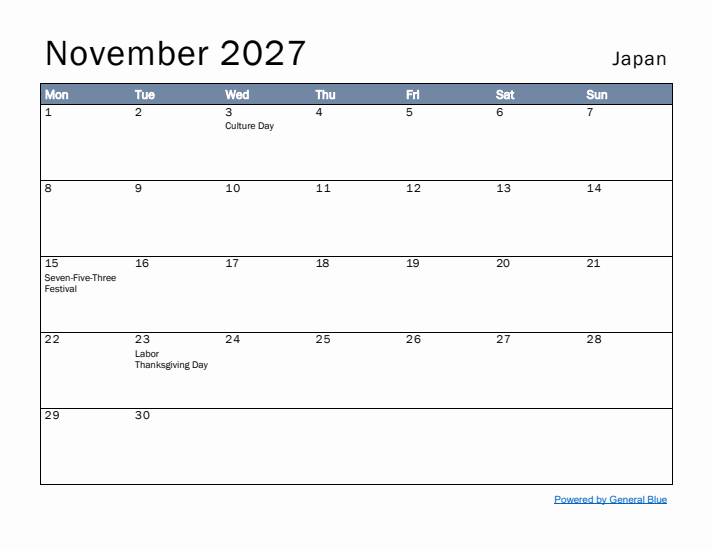 November 2027 Simple Monthly Calendar for Japan