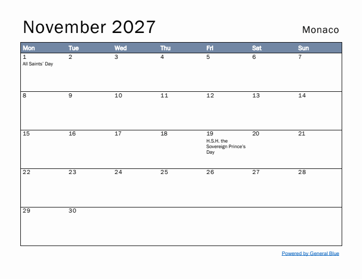 November 2027 Simple Monthly Calendar for Monaco