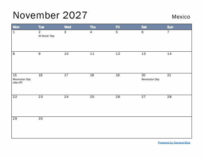 November 2027 Simple Monthly Calendar for Mexico