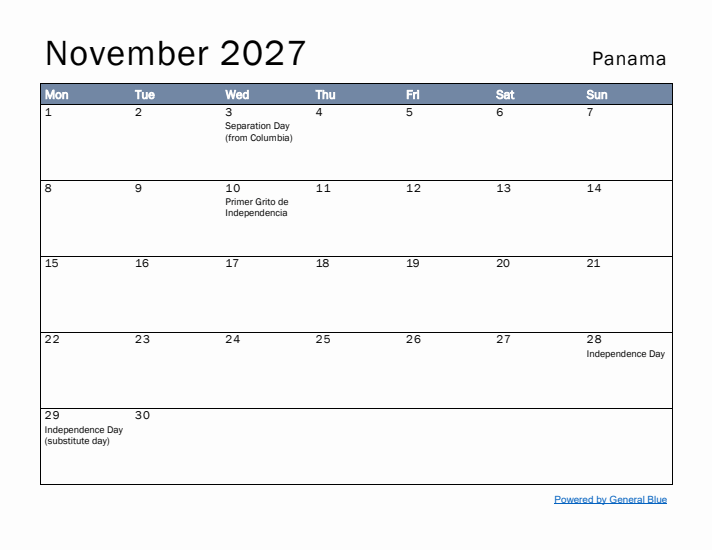 November 2027 Simple Monthly Calendar for Panama