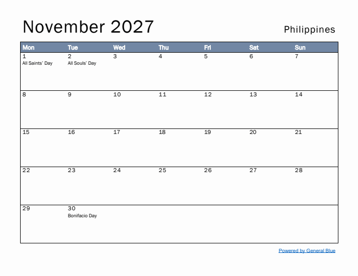 November 2027 Simple Monthly Calendar for Philippines